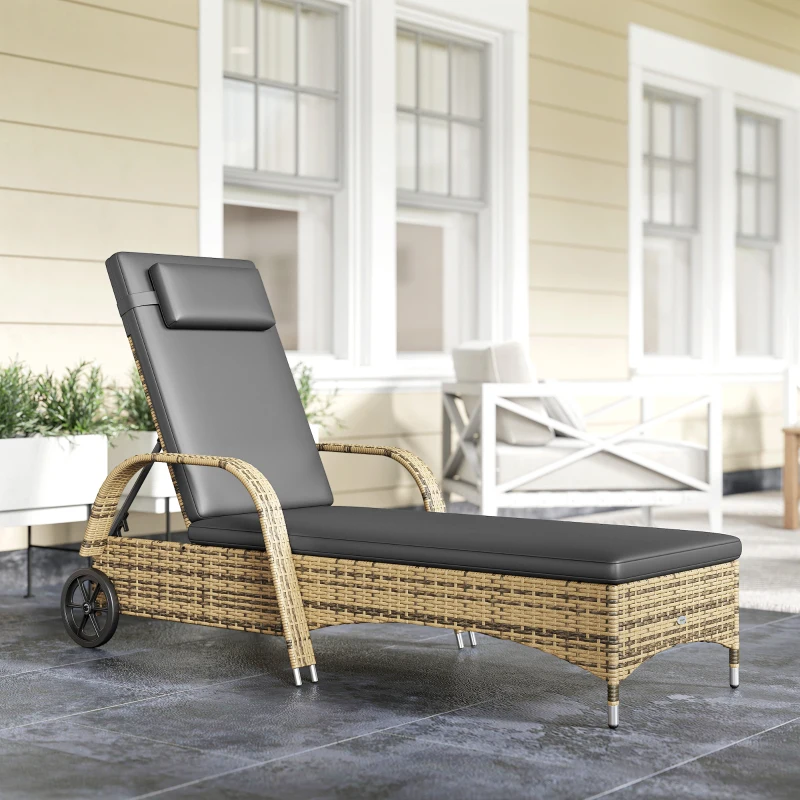 Outsunny Șezlong de soare cu saltea spătar reglabil multipoziții cotiere roți 200 x 73 x 30-103 cm galben