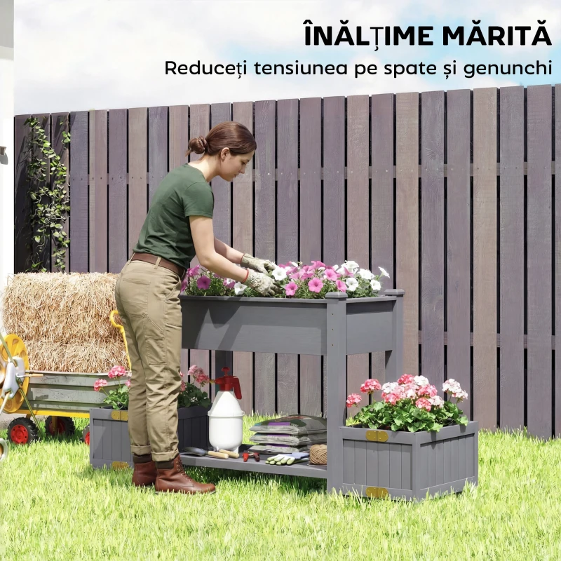 Outsunny Jardinieră Ridicată cu 2 Ghivece Laterale și Raft pentru Unelte, din Lemn de Brad, 149x46x76 cm, Gri
