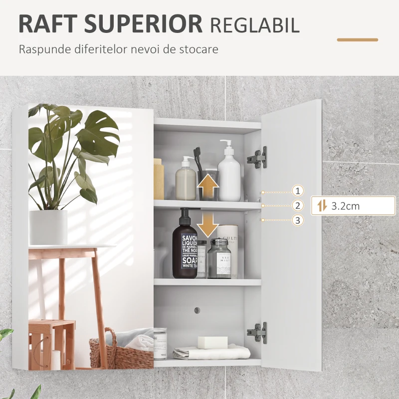kleankin Dulap cu Oglindă pentru Baie cu 2 Uși Soft Close, 60x15x60 cm, Rafturi Reglabile, Dulap Suspendat Spațiu Economic, Alb Lucios