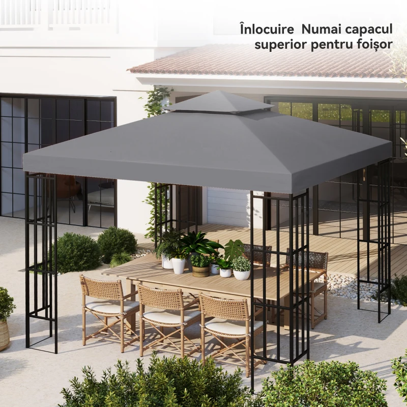 Outsunny Acoperiș de Rezervă pentru Foișor 3x3m cu Design pe Două Niveluri, Rezistent la Razele UV, Gri Închis