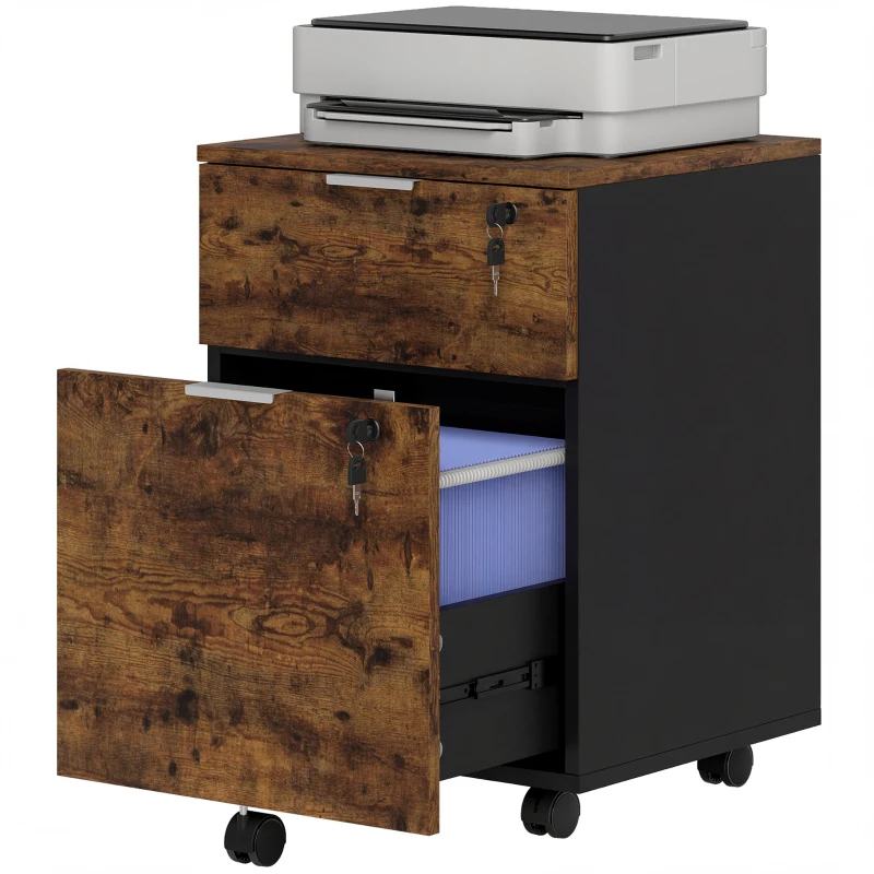 HOMCOM Two-Drawer Lockable Filing Cabinet - Black and Rustic Brown