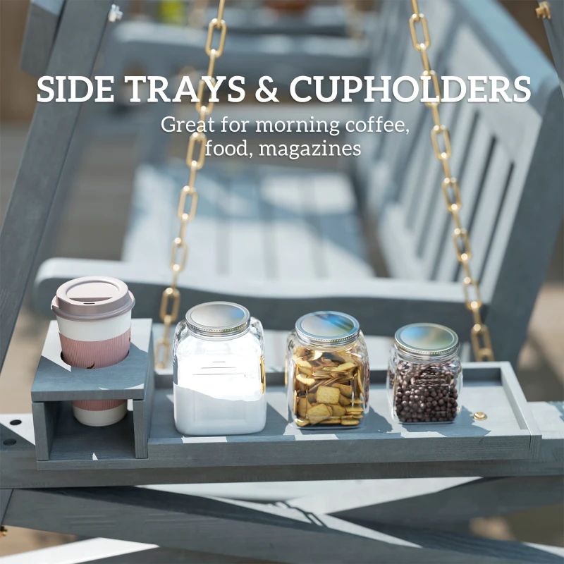 Outsunny 2-osobowa huśtawka ogrodowa z drewna, ławka bujana z półkami, uchwytami na napoje i łańcuchami, szara