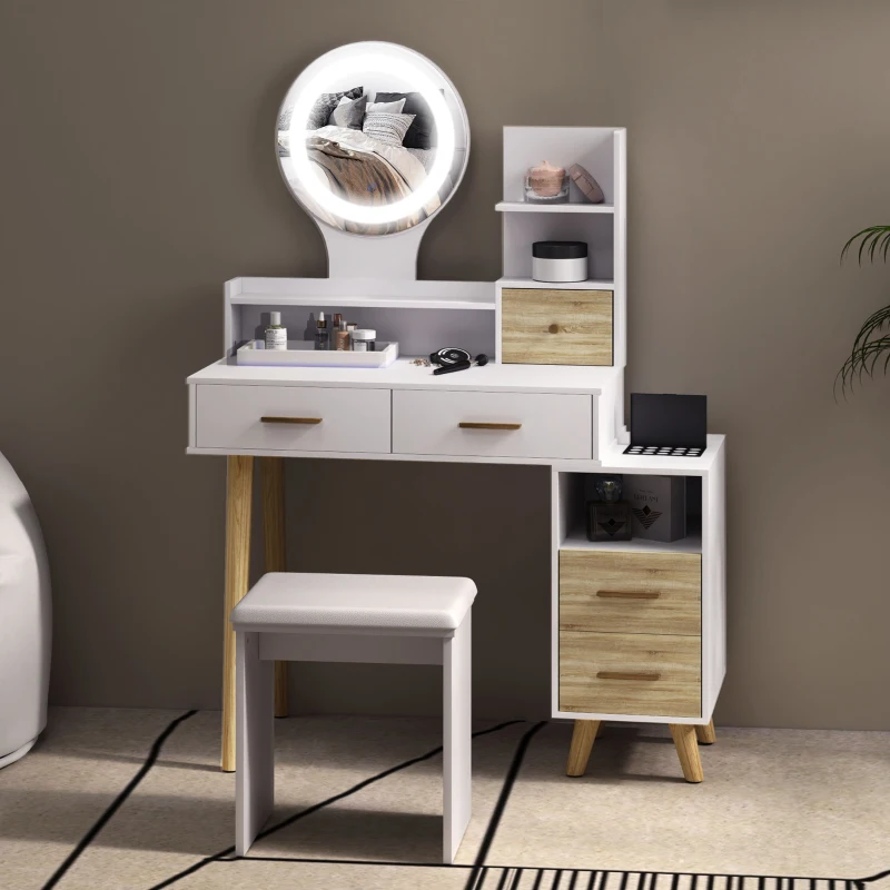 HOMCOM Coiffeuse avec miroir et tabouret table de maquillage luminosité réglable 5 tiroirs 4 compartiments1 étagère blanc