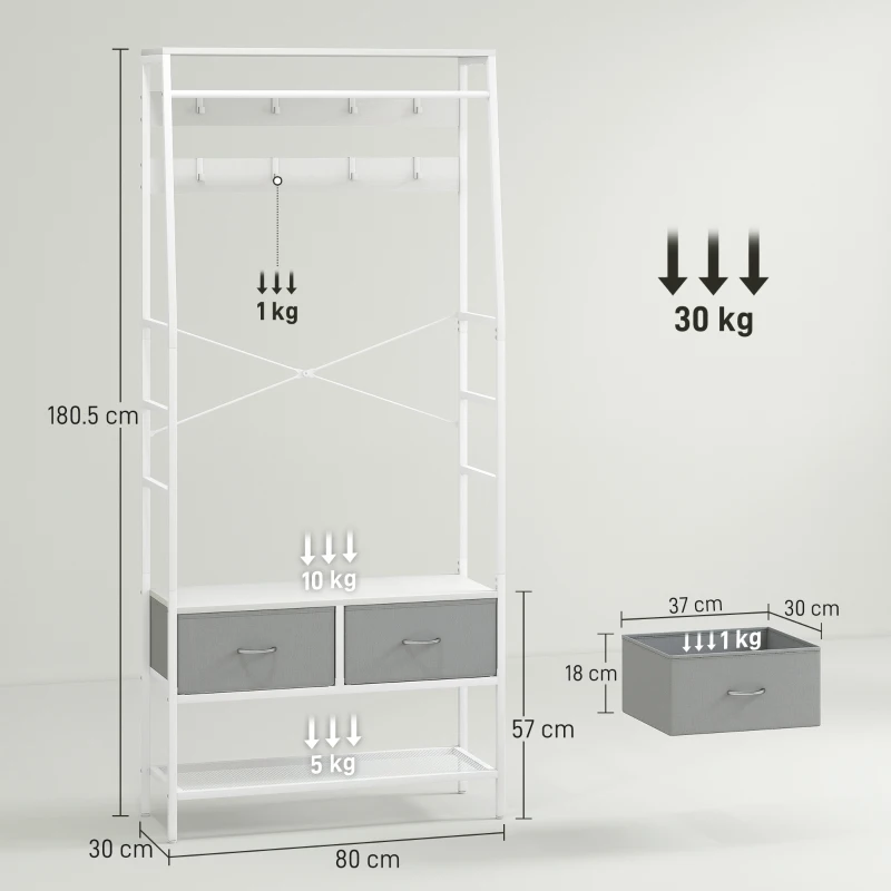 HOMCOM Cuier pentru pantofi cu spațiu pentru pantofi, cârlige, sertare, bară și raft pentru intrare, hol, living 80x30x180,5 cm Alb