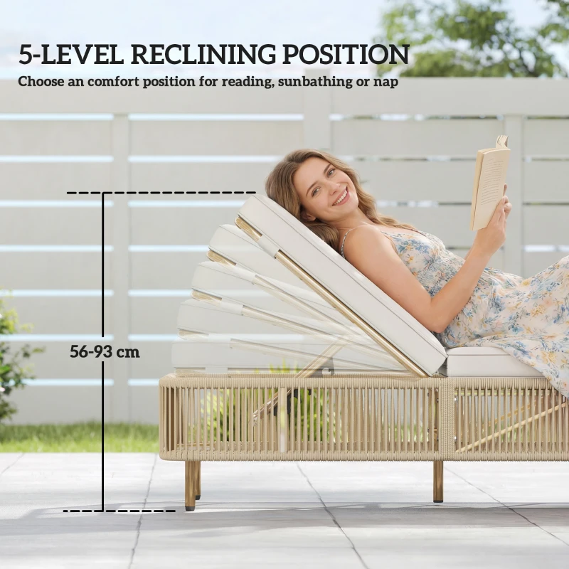 Outsunny Rattanowa Leżanka Ogrodowa, 5-stopniowa regulacja, poduszka w zestawie