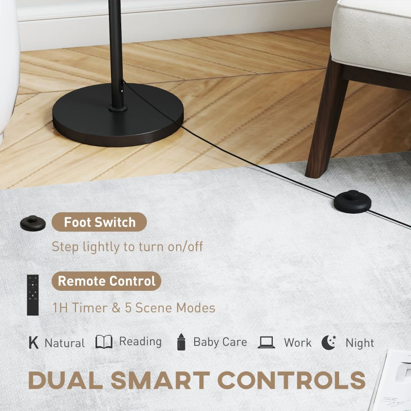 HOMCOM Floor Lamp with Remote, Height Adjustable Standing Lamp with Linen Shade, Dimmable with 3000K-6000K Adjustable Colour Temperatures, Foot Switch for Living Room Bedroom Office, Black