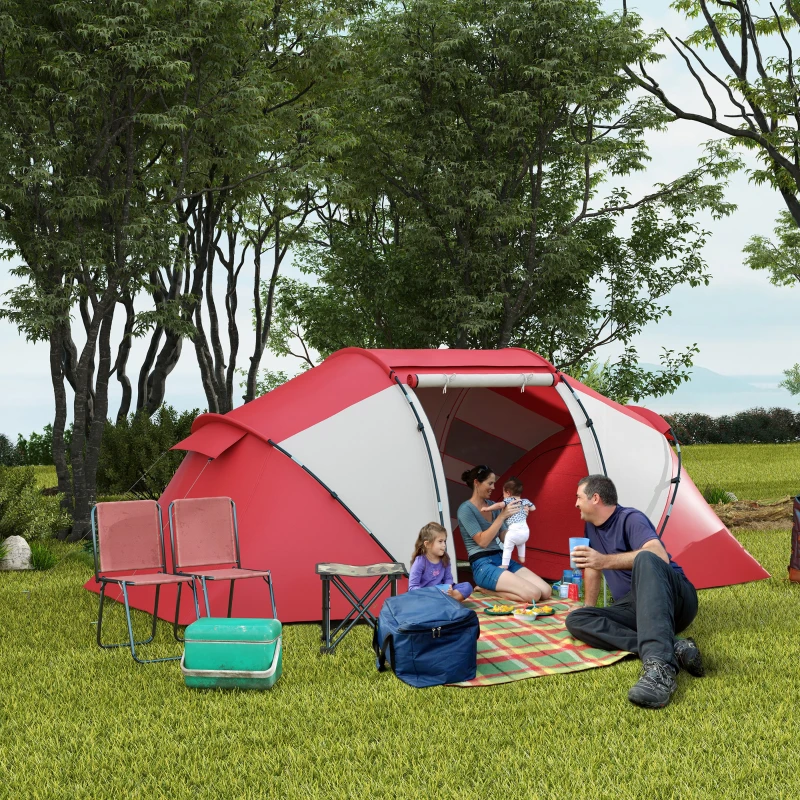 Outsunny Tenda de Campismo Familiar para 4 Pessoas Tenda Dobrável Impermeável para Praia Parque 430x240x170 cm Cinzento e Vermelho