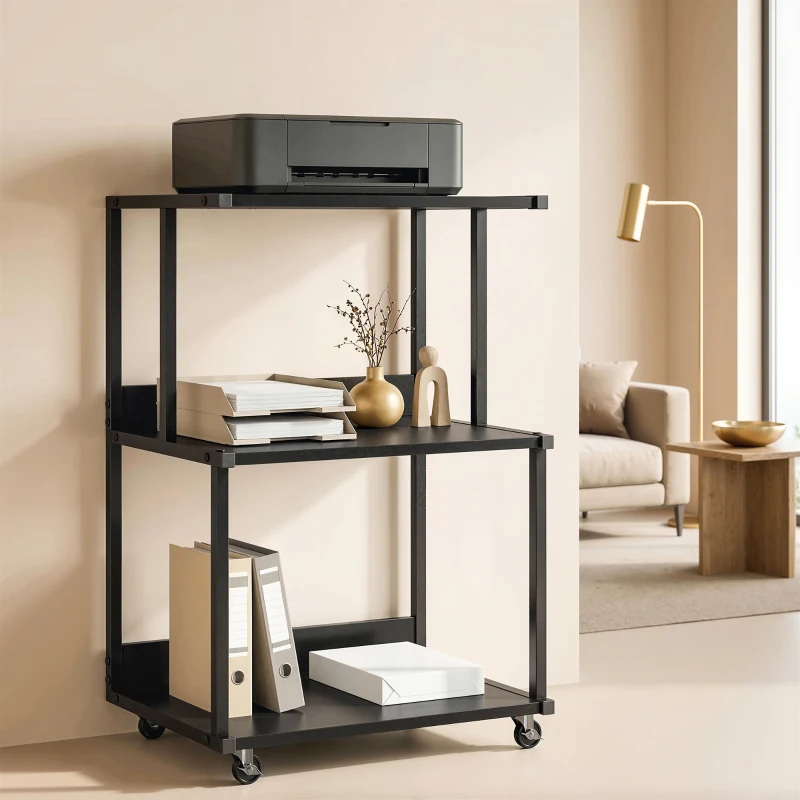 HOMCOM supporto stampante 3 livelli con ruote, tavolino industriale metallo ufficio, nero.