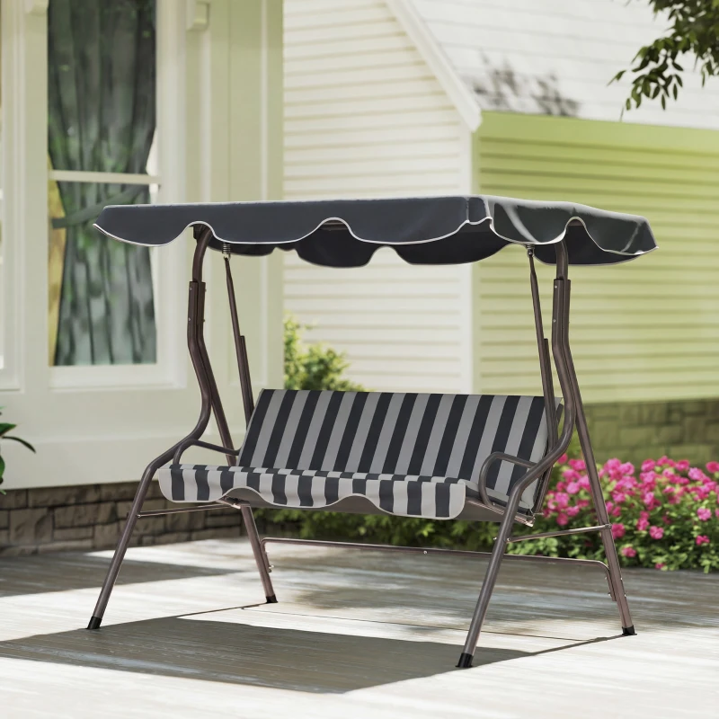 Outsunny Balancelle de Jardin 3 Places Toit imperméabilisé Inclinaison réglable Coussins Assise Dossier gris, blanc rayé