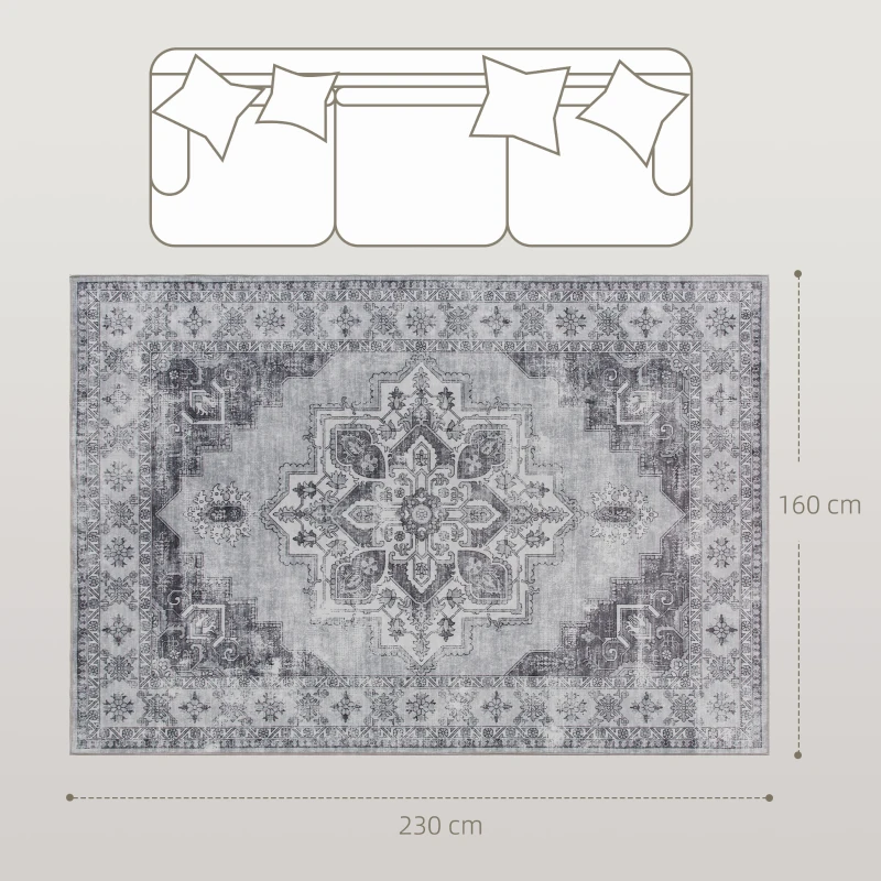 HOMCOM Tapis lavable en machine antidérapant pour salon aspect flanelle, 230 x 160 cm, Gris