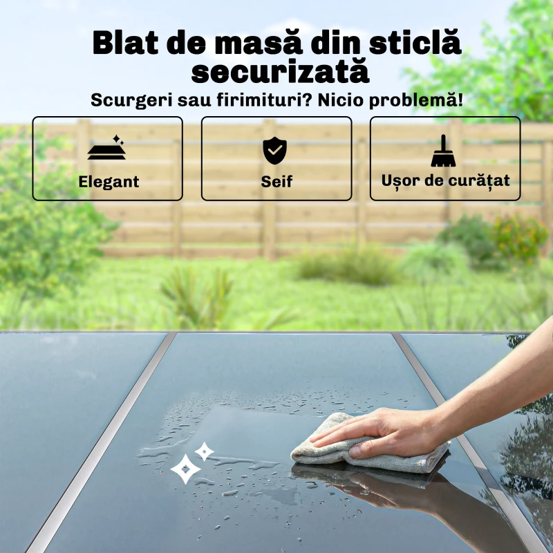 Set mobilier de grădină Outsunny, 7 piese, cu 6 scaune stivuibile din Textilenă și masă cu blat din sticlă, Negru și Argintiu