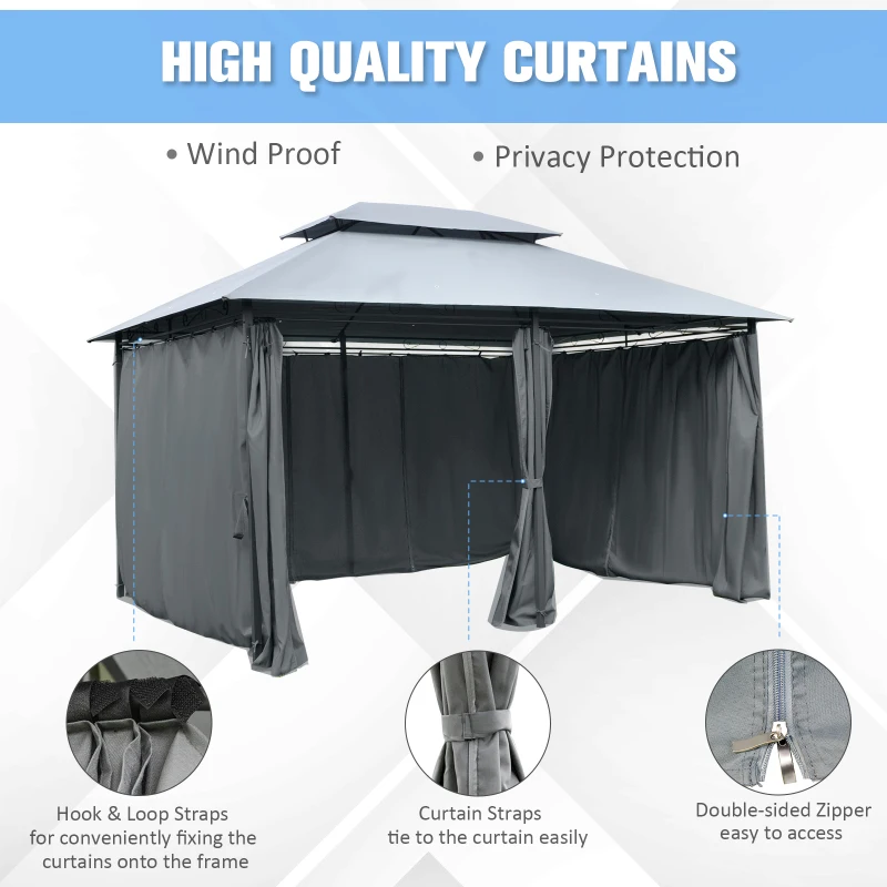 Outsunny 4m x 3(m)Garden Gazebo, Double Roof Outdoor Gazebo Canopy Shelter with Curtains, Solid Steel Frame for Patio, Garden, Grey