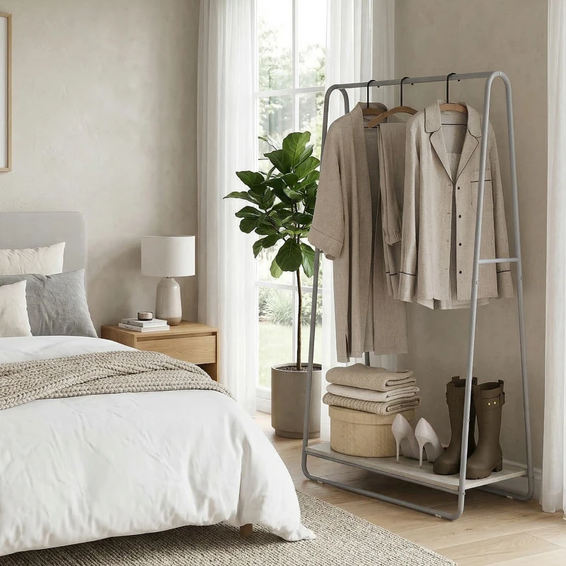 HOMCOM Appendiabiti 3 in 1 con scarpiera e barre appendiabiti, Legno naturale e Grigio