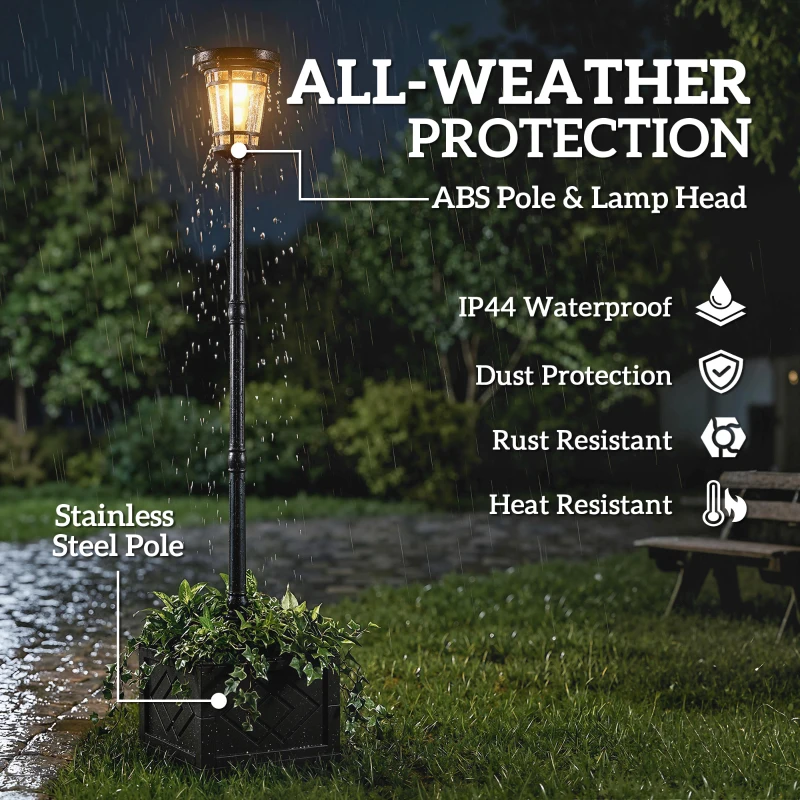 Outsunny Solarlantaarn Staande Lamp met Bloempot 195cm Buiten Tuinlantaarn met 2 Lichtniveaus Lichtregeling Schakelaar IP44