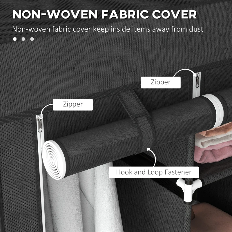 HOMCOM Foldable Fabric Wardrobe for Bedroom, Portable Wardrobe with 5 Shelves, 2 Hanging Rails and 3 Fabric Drawers, Black