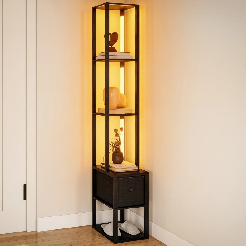 HOMCOM Floor Lamp with Shelves, LED Column Modern Standing Lamp with Fabric Drawer, Adjustable Brightness, Foot Switch for Living Room, Bedroom, Office, Black