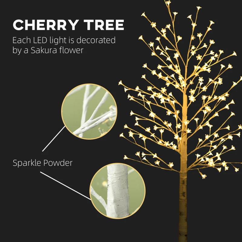 HOMCOM Pom decorativ luminos de mesteacăn cu 180 de lumini LED, înalt de 180 cm, cu 3 niveluri de luminozitate, pentru interior și exterior, alb