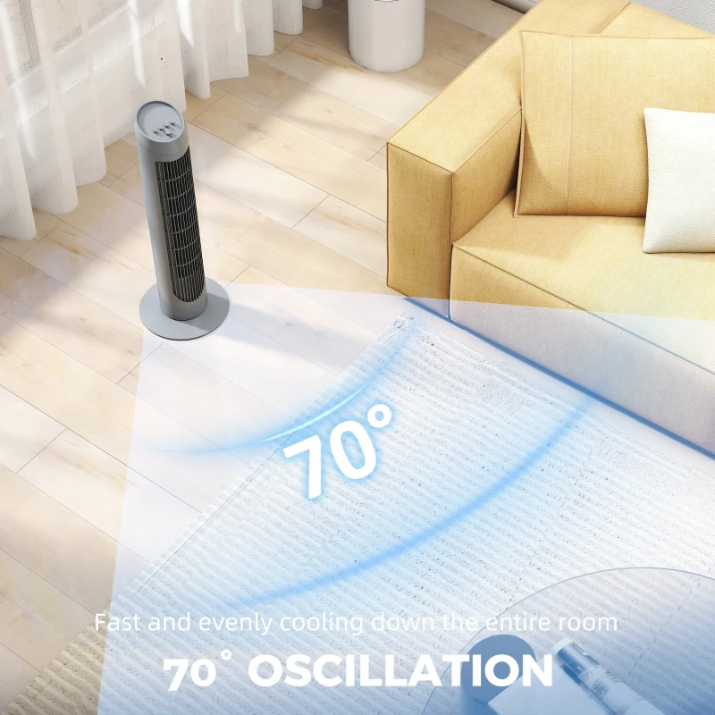 HOMCOM Tower Fan for Bedroom Cooling, 75cm Electric 70° Oscillating with 3 Speed Settings, Standing Floor Fan, Grey
