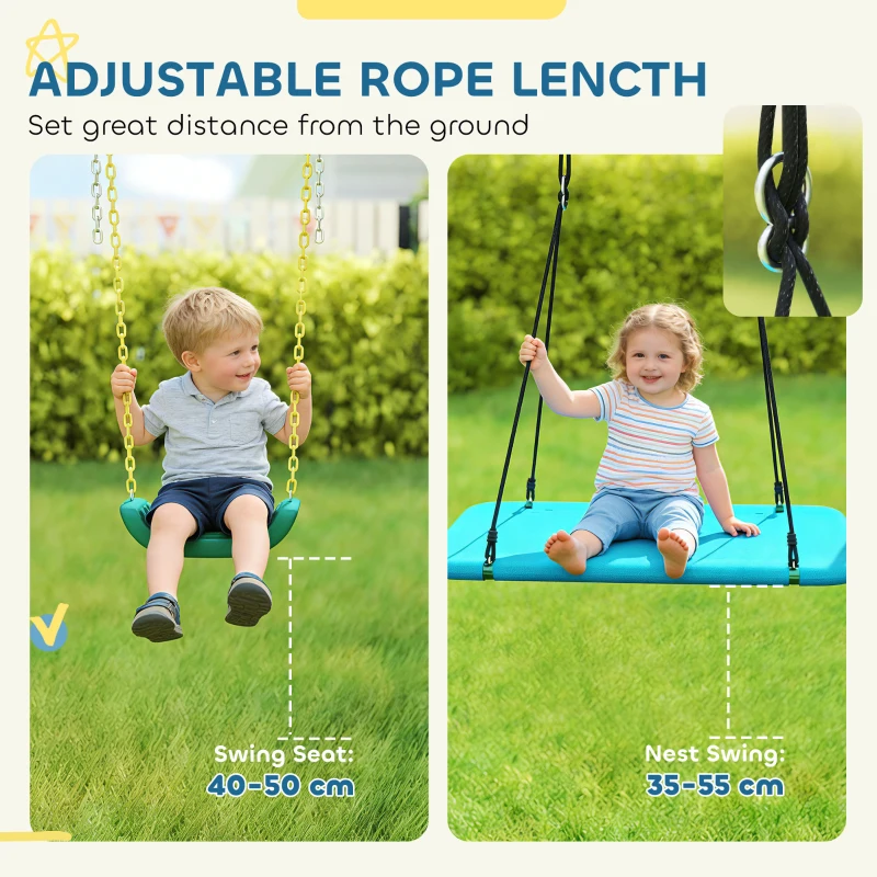 AIYAPLAY 5 w 1 huśtawka z regulowaną huśtawką typu gniazdo, kółkami gimnastycznymi, dwusiedziskiem, ścianką wspinaczkową, dla dzieci 3-8 lat, 440x175x203 cm