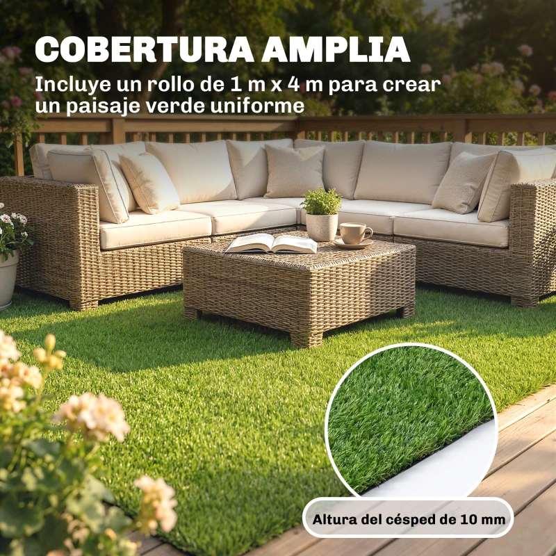 Outsunny Césped Sintético 1m x 4m Alfombra Césped Artificial con Altura de Hierba 10 mm Drenaje Automático Verde