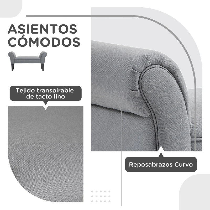 HOMCOM Banco Pie de Cama Tapizado en Lino Sintético con Patas de Madera Reposabrazos y Asiento Acolchado Gris Oscuro