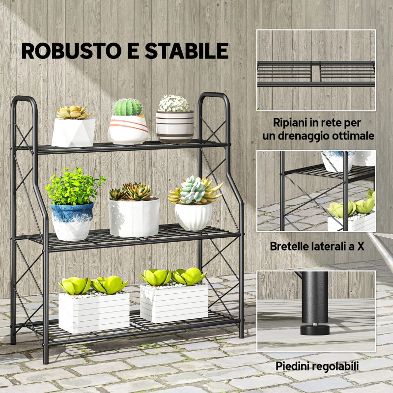 Outsunny Portapiante a 3 Livelli per Interni ed Esterni in Metallo, 69x28.5x78 cm, Nero