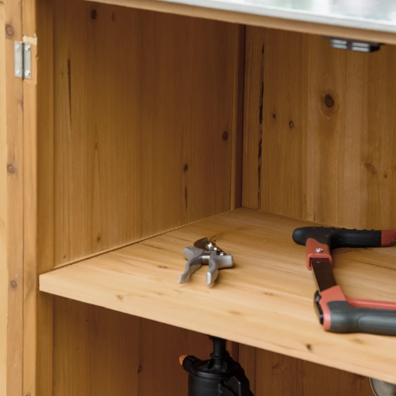 Outsunny Armário de jardim em pé mesa de replantio 2 em 1 - mesa de jardinagem porta dupla, prateleira, tampo em chapa de aço galvanizado - mesa de plantio em madeira de cedro pré-oleada