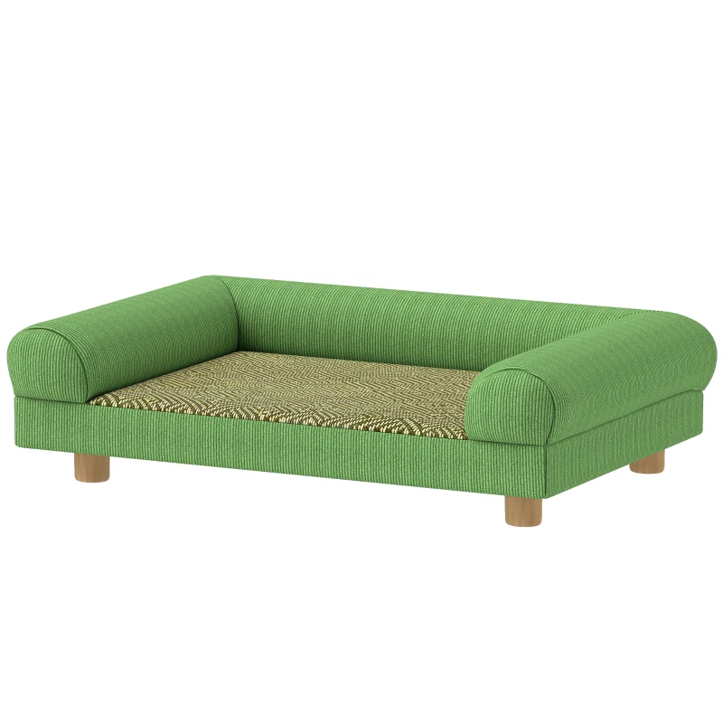 PawHut Canapea pentru câine și pisică, pat pentru câini înălțat, șezut tip covoraș răcoritor, brațe, din velur moale 63 x 41 x 17 cm, verde