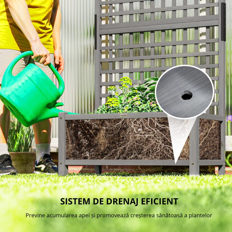 Outsunny Jardinieră înălțată cu spalier și acoperiș, cutie de plantare, pat de flori, rezistent la intemperii, lemn, 90 x 45 x 183 cm, gri închis