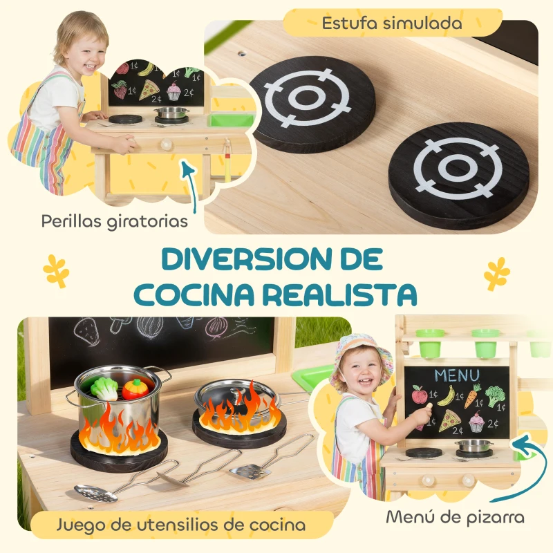 AIYAPLAY Cocina de Juguete Exterior de Madera con Macetas Fregaderos Grifo Utensilios de Acero Inoxidable Natural