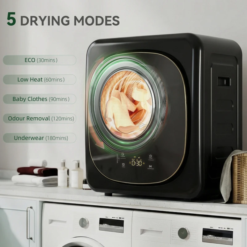 HOMCOM 4kg Vented Tumble Dryer with 5 Drying Mode, 800W Compact Freestanding Front Tumble Dryer Black