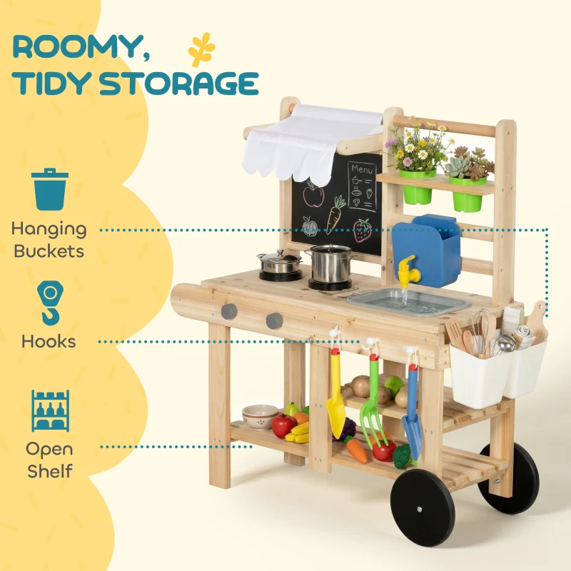 AIYAPLAY Modderkeuken Kinderen Outdoor, Speelkeuken van Hout met Kraan, Gootsteen, Fornuis, Opbergruimte, Watertank, Natuurlijk Hout