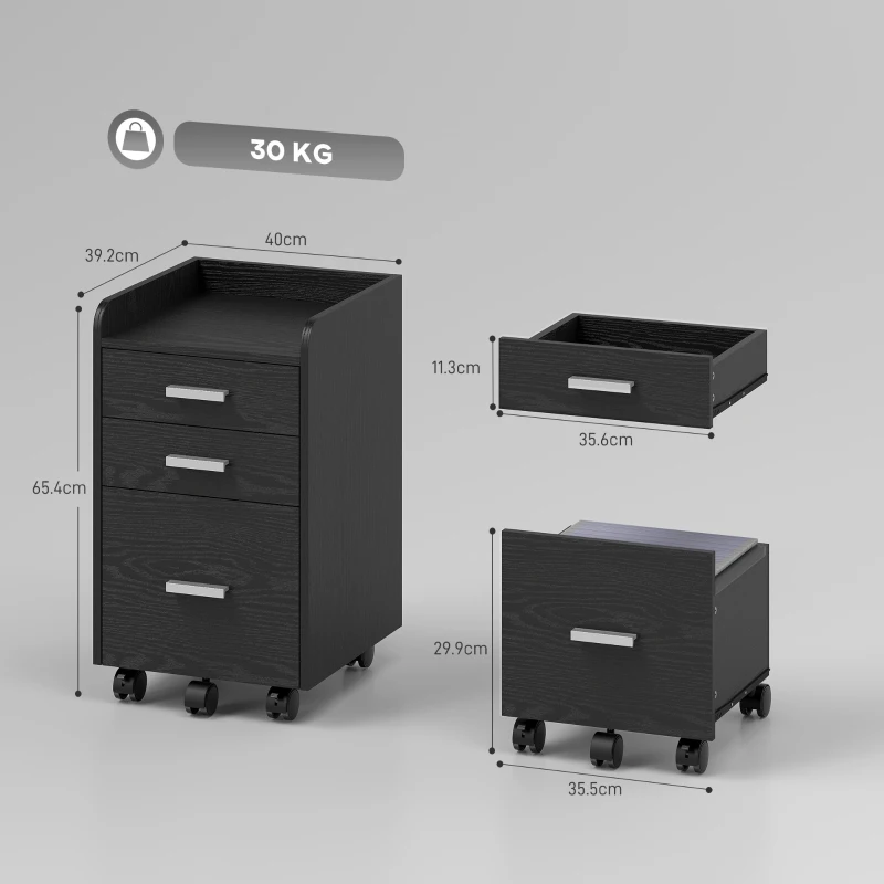 HOMCOM 3 Drawer Filing Cabinet, Rolling File Cabinet with Edged Top for Letter, A4 Size, Hanging File Folders, Black