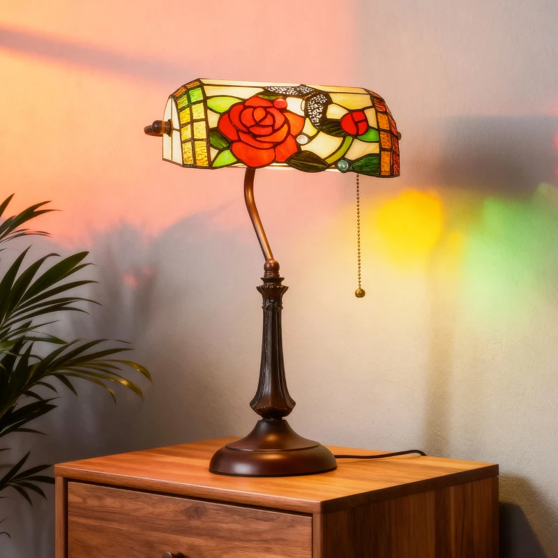 HOMCOM Tiffany-Style Rose and Butterfly Table Lamp - Multi