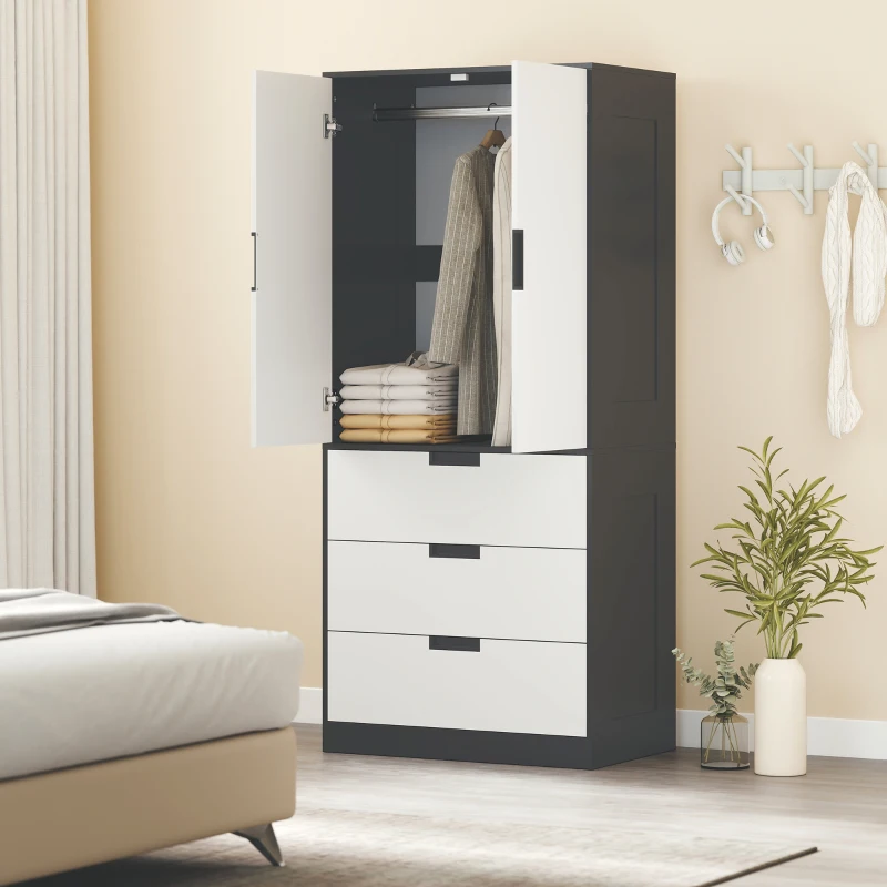 HOMCOM 2 Door Wardrobe, Modern Wardrobe with 3 Drawers and Hanging Rod for Bedroom, Black