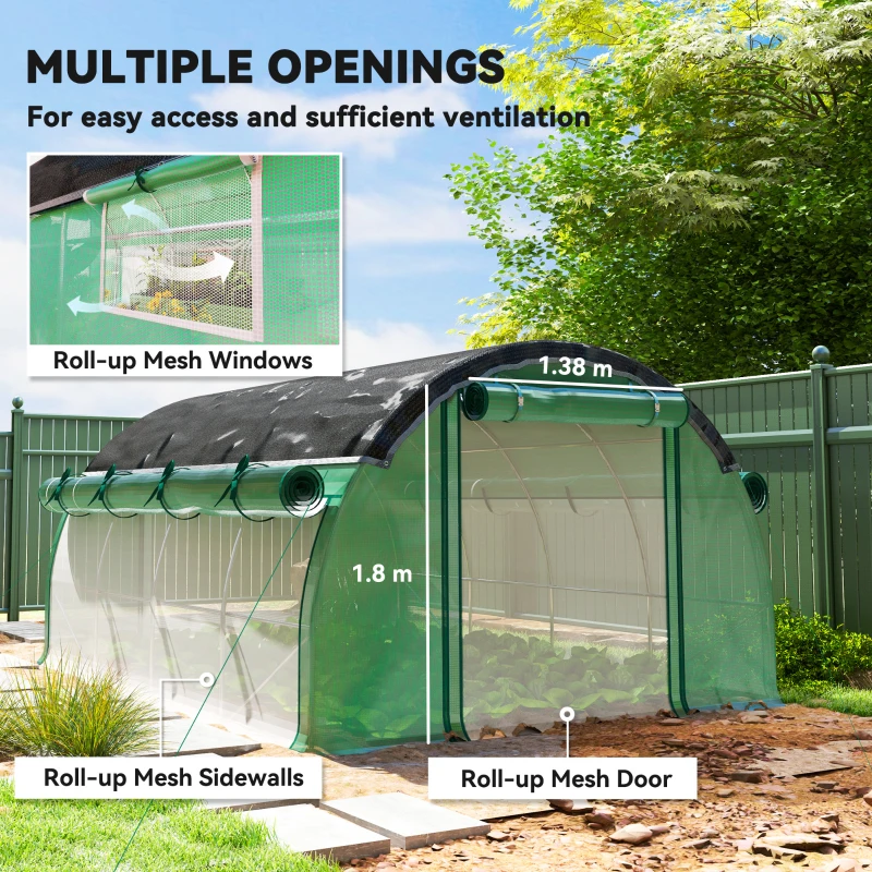 Outsunny Seră de Grădină Tip Tunel 4x3x2 m cu Plasă de Umbrire, Seră pentru Grădină cu 8 Ferestre, 2 Uși și Pereți Laterali Rulanți, Cadru din Oțel și Acoperire din PE, pentru Legume și Flori, Verde