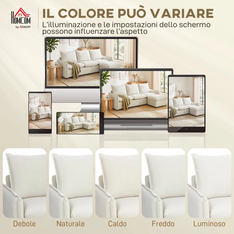 HOMCOM Divano Angolare 3 Posti Modulare in Tessuto Effetto Pelle Traspirante con Contenitore Poggiapiedi, Cuscini, Crema