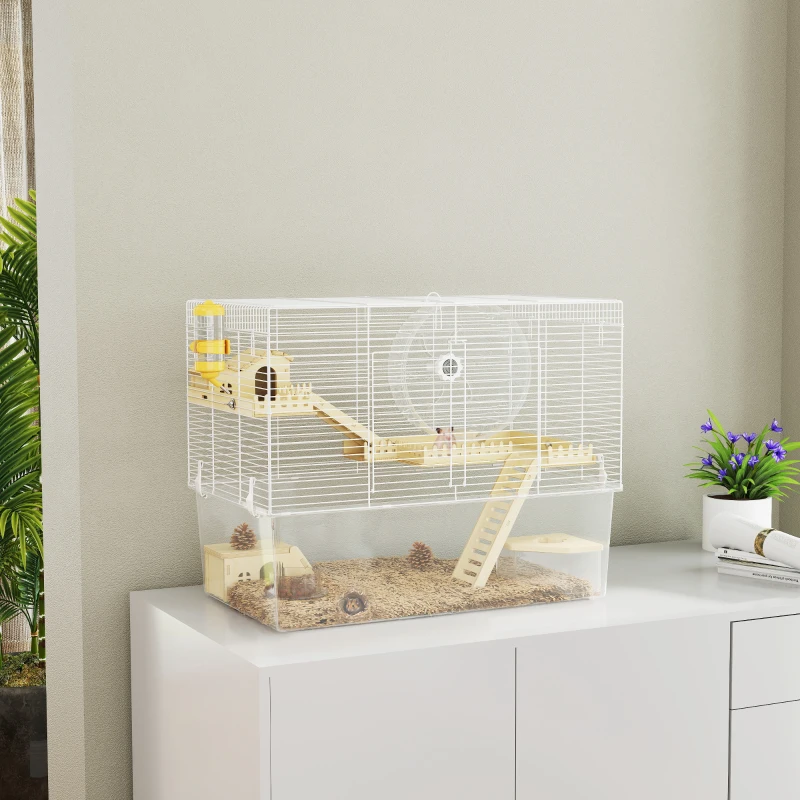 PawHut Cușcă pentru hamster în 3 nivele, cușcă pentru rozătoare cu roată de exerciții, tavă adâncă transparentă, 59 x 35,5 x 47 cm, alb