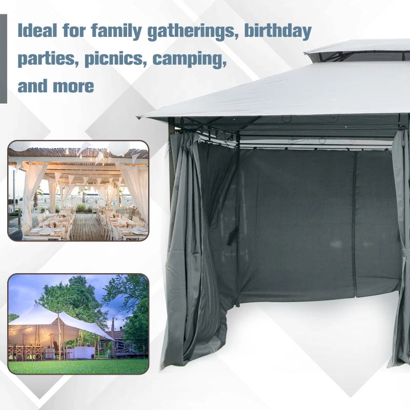Outsunny 4m x 3(m)Garden Gazebo, Double Roof Outdoor Gazebo Canopy Shelter with Curtains, Solid Steel Frame for Patio, Garden, Grey