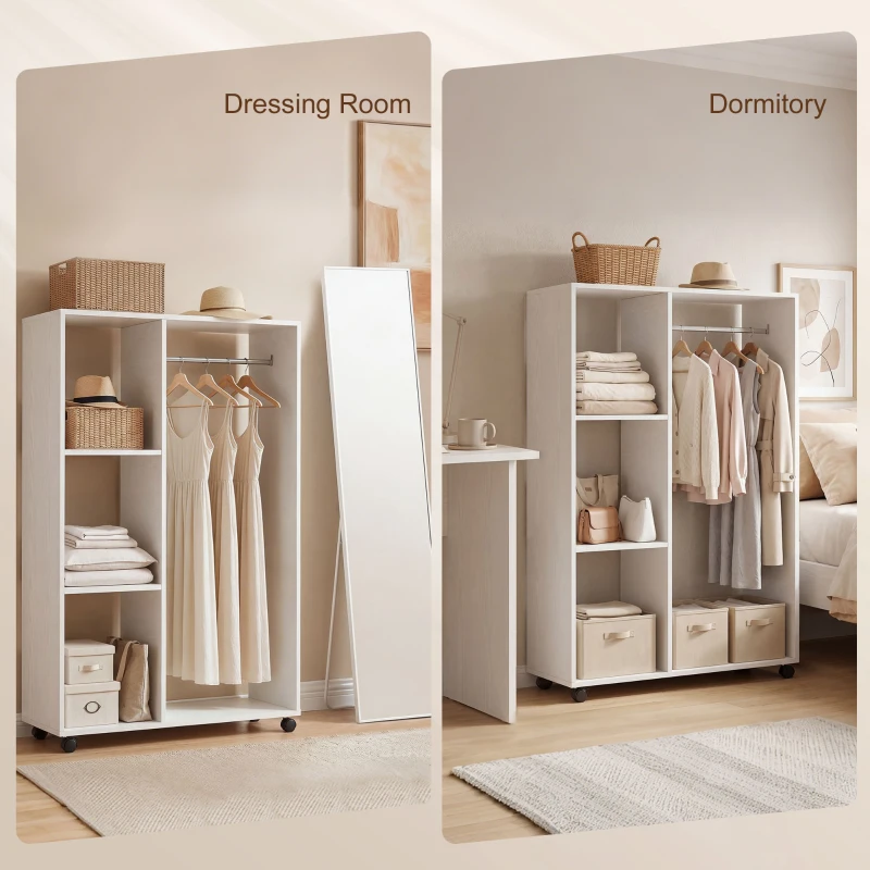 HOMCOM Open Wardrobe on Wheels, Rolling Garment Rack with Hanging Rail and Storage Shelves for Bedroom, Changing Rooms, White