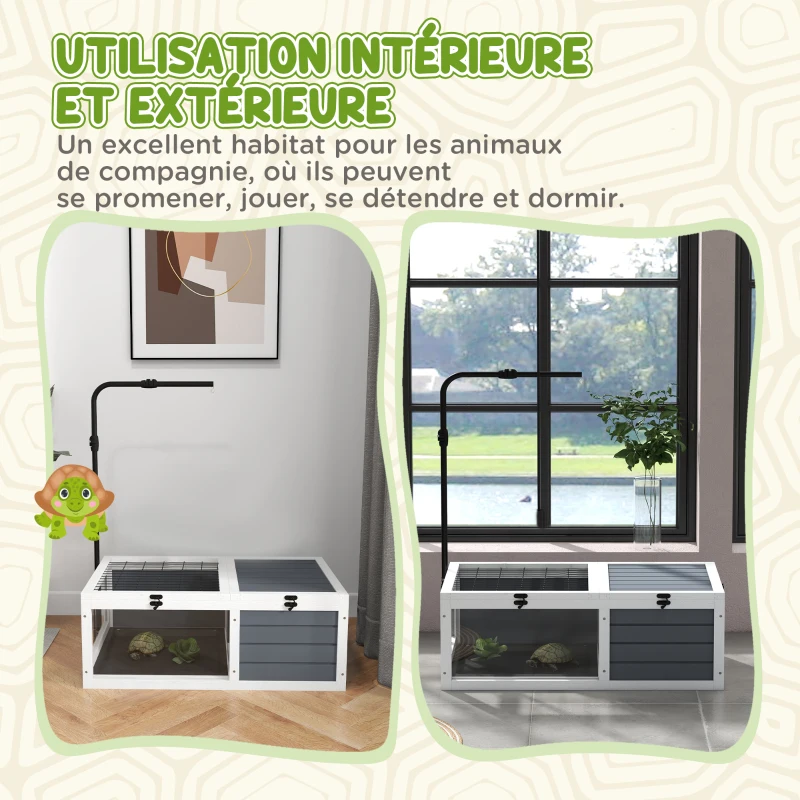 PawHut Casă/îngrăditură cușcă pentru broască țestoasă cu 2 spații suport de lampă reglabil 81 x 48 x 31,5 cm gri