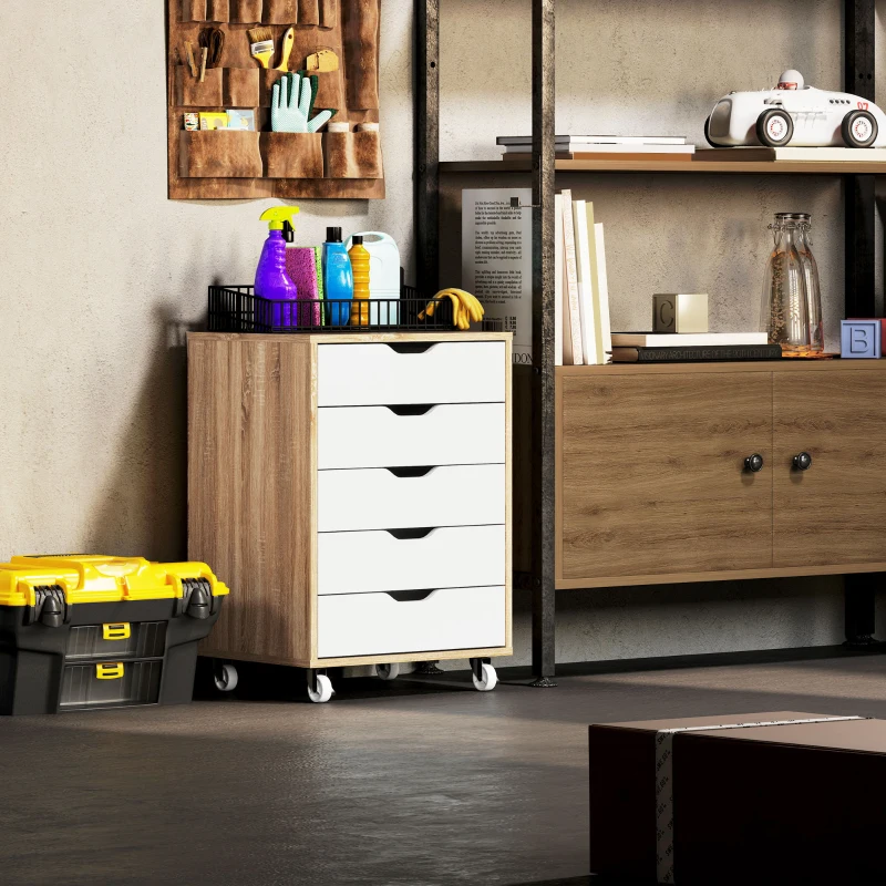 Vinsetto Corp mobil de birou, mobilier de depozitare pe roți, 5 sertare, 47,5 x 39,5 x 67,5 cm, alb și stejar