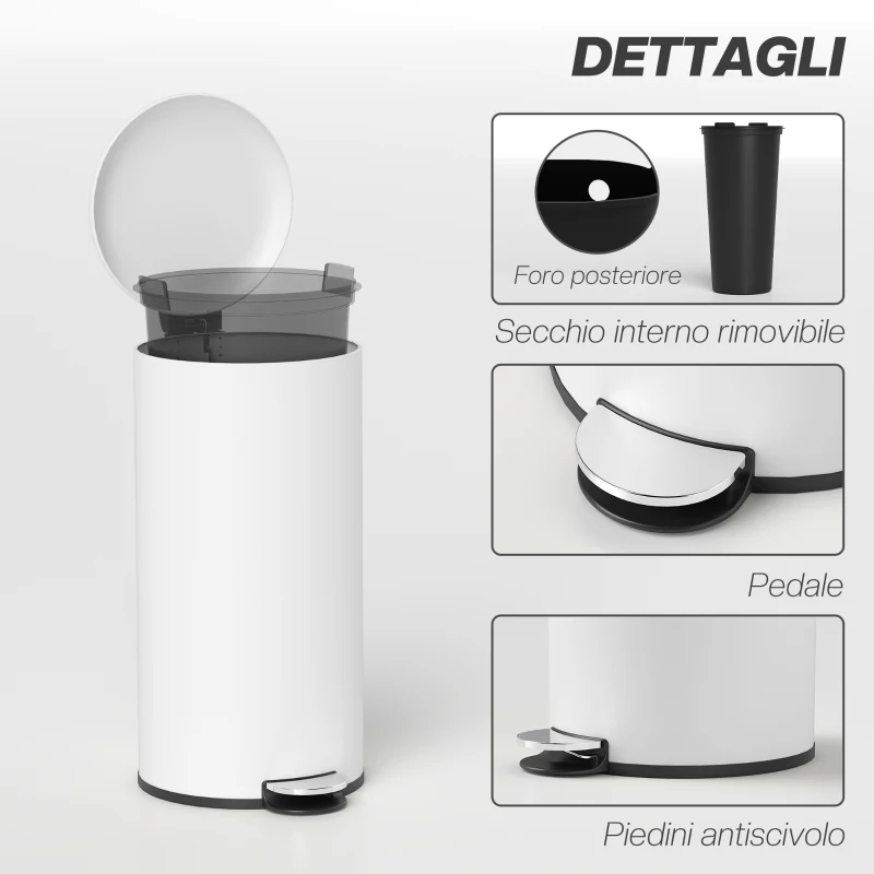 HOMCOM Pattumiera a Pedale da 30L con Coperchio a Chiusura Morbida, in Metallo e PP, 36x30x63.5 cm, Bianco Crema