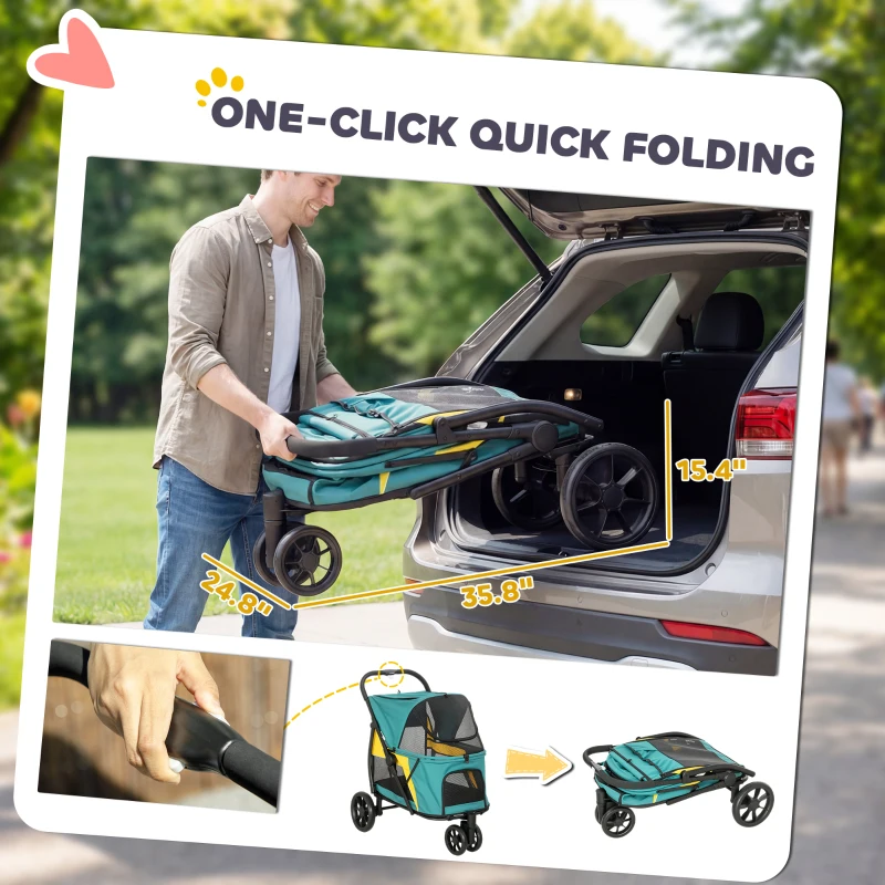 PawHut Składany wózek dla psa do 20 kg z poduszką, oknami z siatki, kieszenią tylną, 92 x 63 x 95 cm, ciemnozielony