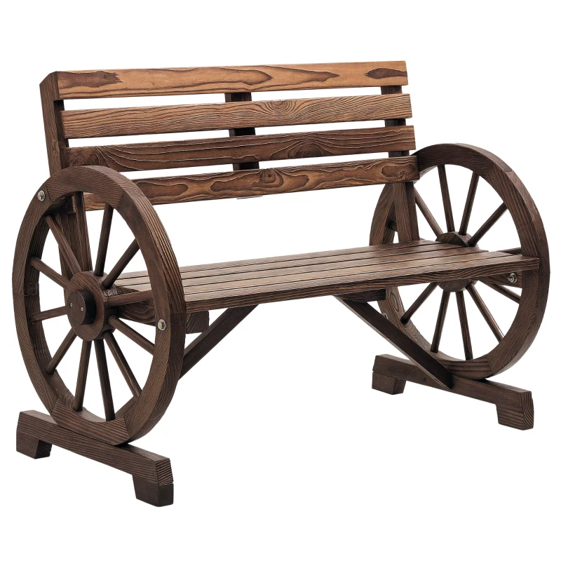 Outsunny Bancă de grădină cu 2 locuri, șipci din lemn, brațe în formă de roată de căruță, 105,5x56x79 cm, maro ars