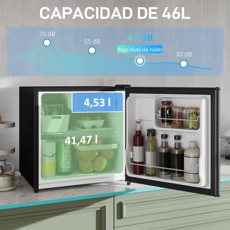 HOMCOM Mini Nevera Silenciosa 46 L Clase E Frigorífico Pequeño con Temperatura Regulable y Puerta Reversible 48x44x49 cm Plata