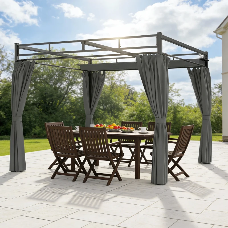 Outsunny Pergolă Gazebo 3x3 m cu Acoperiș Retractabil, 4 Pereți Laterali, Orificii de Drenare, Pergolă din Poliester și Oțel pentru Grădină, Terasă, Exterior, UV30+, Gri Închis