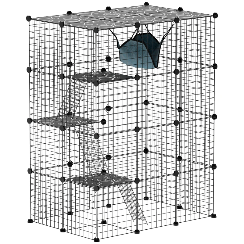 PawHut Cușcă pentru pisici de interior parc pentru pisici din oțel la 4 nivele DIY cu 5 uși hamac 1-3 pisici 105 x 70 x 140 cm negru