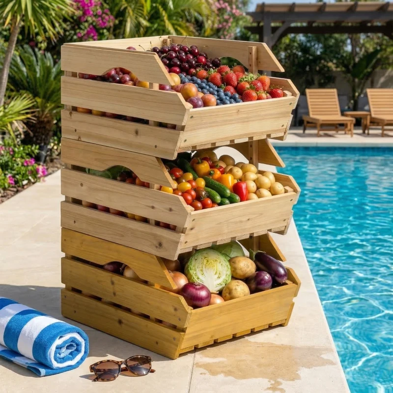 Outsunny 3-stufiger, abnehmbarer Obstkorbständer aus Fichtenholz für Obst und Gemüse, 37,5x27x60cm, Natur