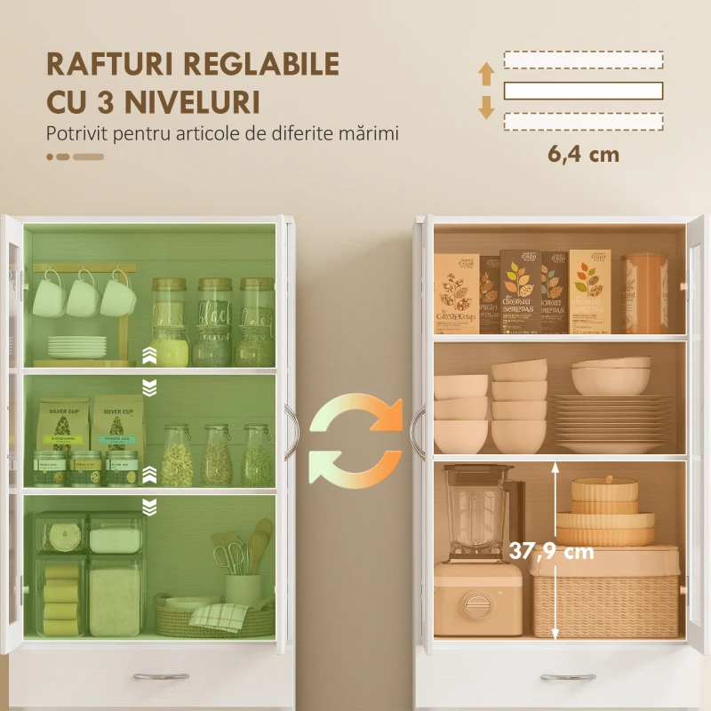 HOMCOM Bufet de Bucătărie cu 2 Dulapuri și un Sertar, Rafturi Reglabile și Uși din Sticlă, 60x35x180 cm, Alb